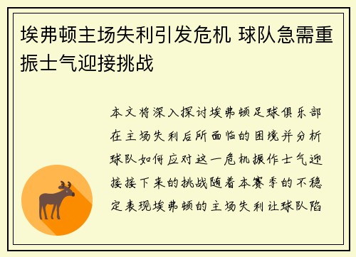 埃弗顿主场失利引发危机 球队急需重振士气迎接挑战