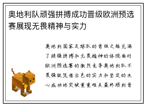 奥地利队顽强拼搏成功晋级欧洲预选赛展现无畏精神与实力