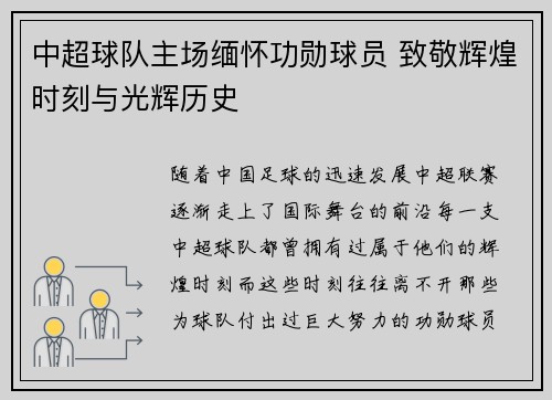 中超球队主场缅怀功勋球员 致敬辉煌时刻与光辉历史