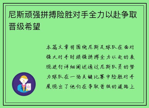 尼斯顽强拼搏险胜对手全力以赴争取晋级希望