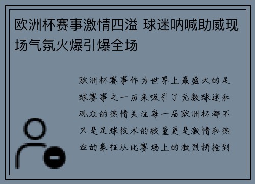 欧洲杯赛事激情四溢 球迷呐喊助威现场气氛火爆引爆全场
