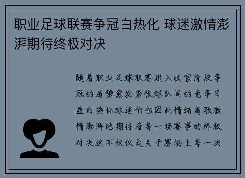 职业足球联赛争冠白热化 球迷激情澎湃期待终极对决