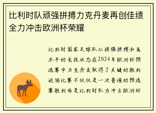 比利时队顽强拼搏力克丹麦再创佳绩全力冲击欧洲杯荣耀
