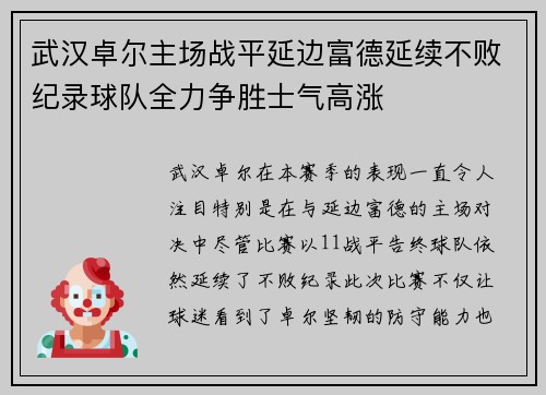 武汉卓尔主场战平延边富德延续不败纪录球队全力争胜士气高涨 武汉卓尔主场战平延边富德延续不败纪录球队全力争胜士气高涨
